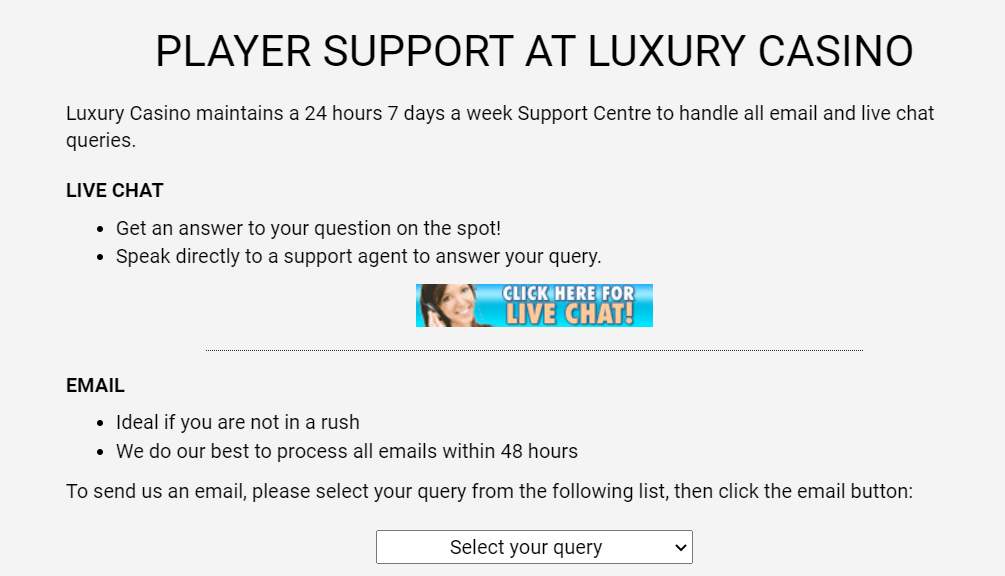 Screenshot of Luxury Casino Support Information from Official Website